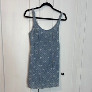 Hollister Light Blue Denim Style Scoop neck fitted Dress - palm tree pattern - 3